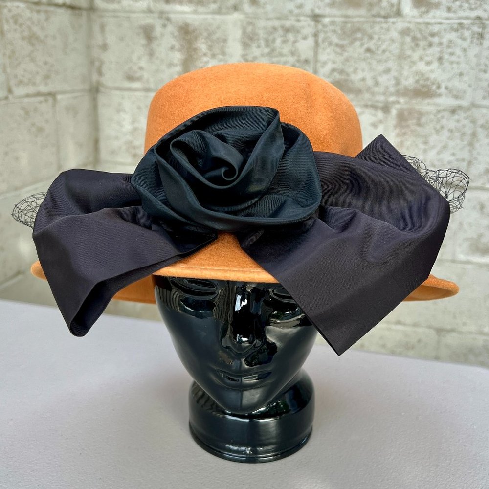 Vintage 60s Michael Howard Oversized Rosette Bow Veiled Brim Felt Wool Hat